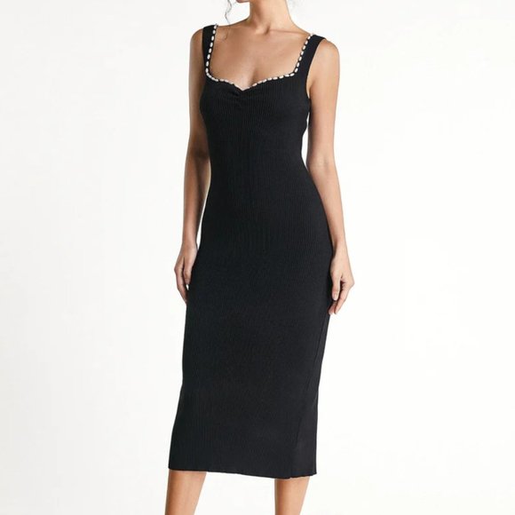 Black Midi Dress with White Faux Pearl Accents - Picture 4 of 5